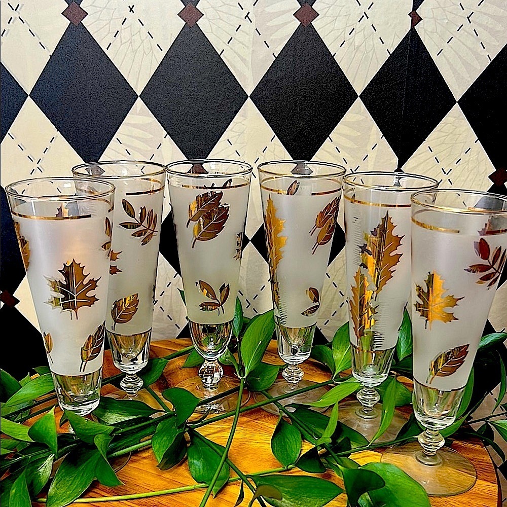 Vintage Libbey 22k Gold Maple Foliage Pilsner Glasses Set of 6| Mid Century Bar - Picture 17 of 17